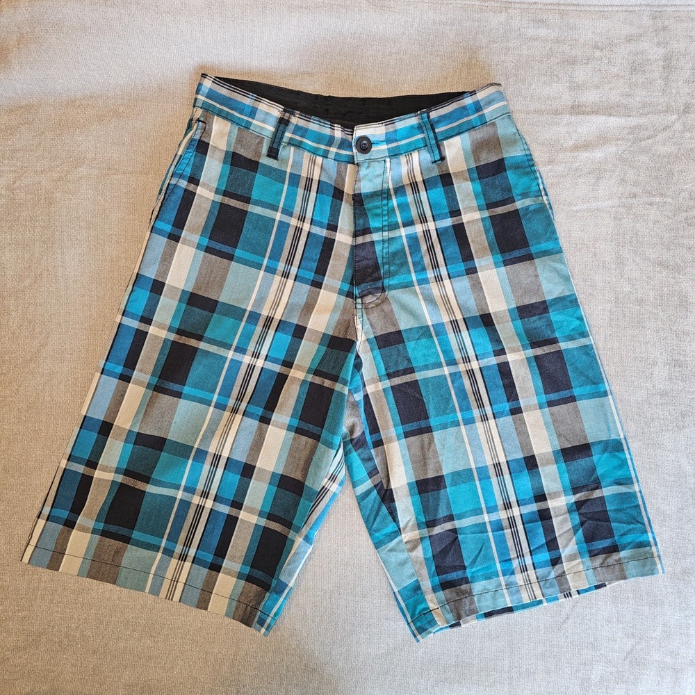 Burnside Boys Youth Plaid Shorts Size 14 Brown White Blue 100% Cotton